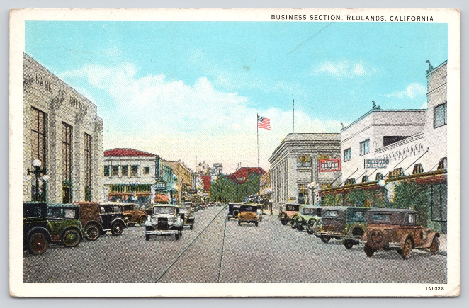 Business Section, Street Scene, Cars, Bank of America, Redlands CA Postcard 1935 Business Section, Street Scene, Cars, Bank of America, Redlands CA Postcard 1935