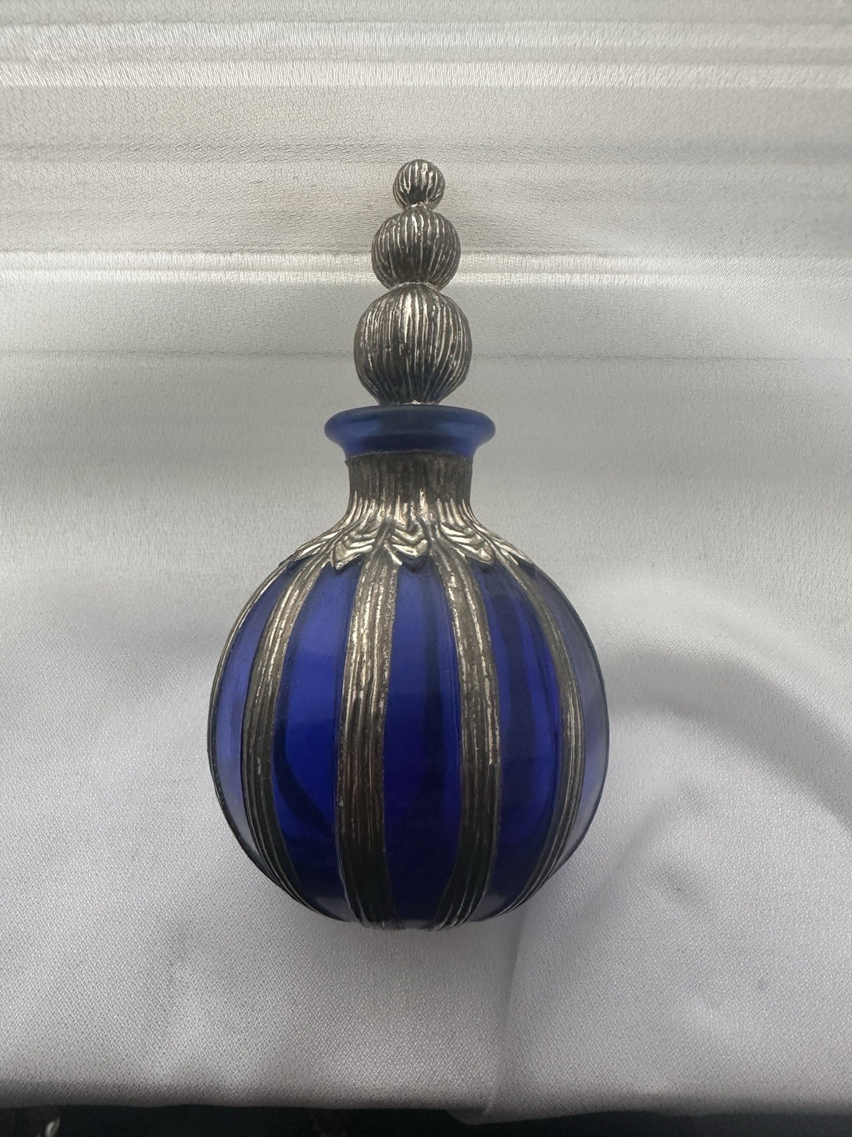 Antique Cobalt Blue Glass Perfume Bottle with Metal Overlay Stopper Rare Vintage