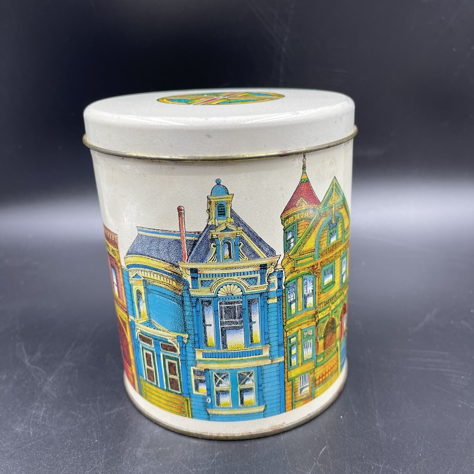 Ballonoff Victorian Homes Metal Tin Cookie Canister Cleveland Ohio Vintage EMPTY