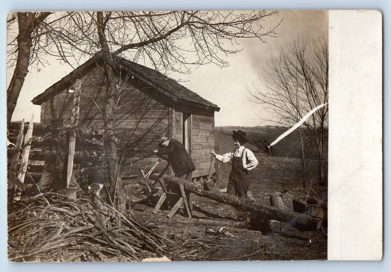 c1910\'s Men With Saw Cutting Lumber Cabin RPPC Photo Unposted Antique Postcard c1910\'s Men With Saw Cutting Lumber Cabin RPPC Photo Unposted Antique Postcard