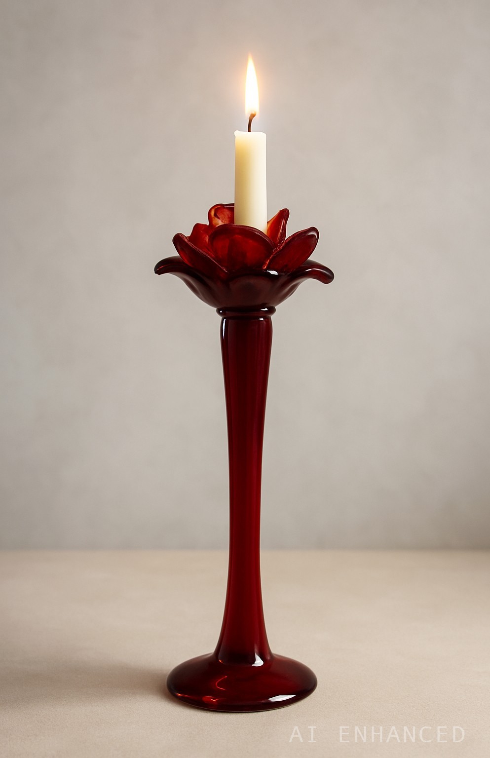 Red Rose Art Glass Candlestick w/ Hand-Pulled Cadmium UV Glow Petals - 16in Tall