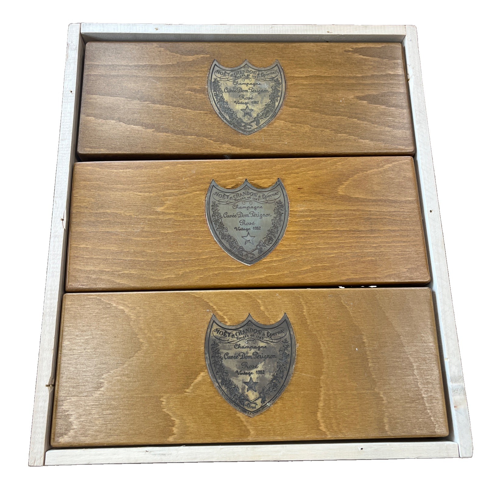 3 Cuvee Dom Perignon Rosé 1982 EMPTY Wooden Champagne Boxes | Manual & Crate 3 Cuvee Dom Perignon Rosé 1982 EMPTY Wooden Champagne Boxes | Manual & Crate