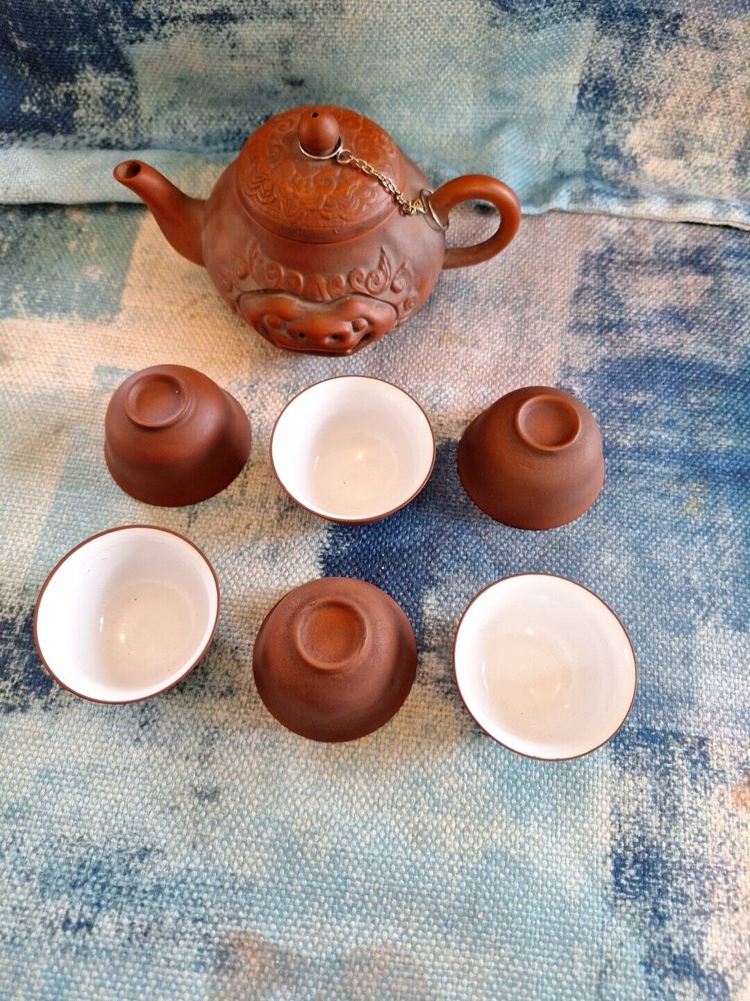 Vintage Red Chinese Red Clay Teapot With 6 Cups