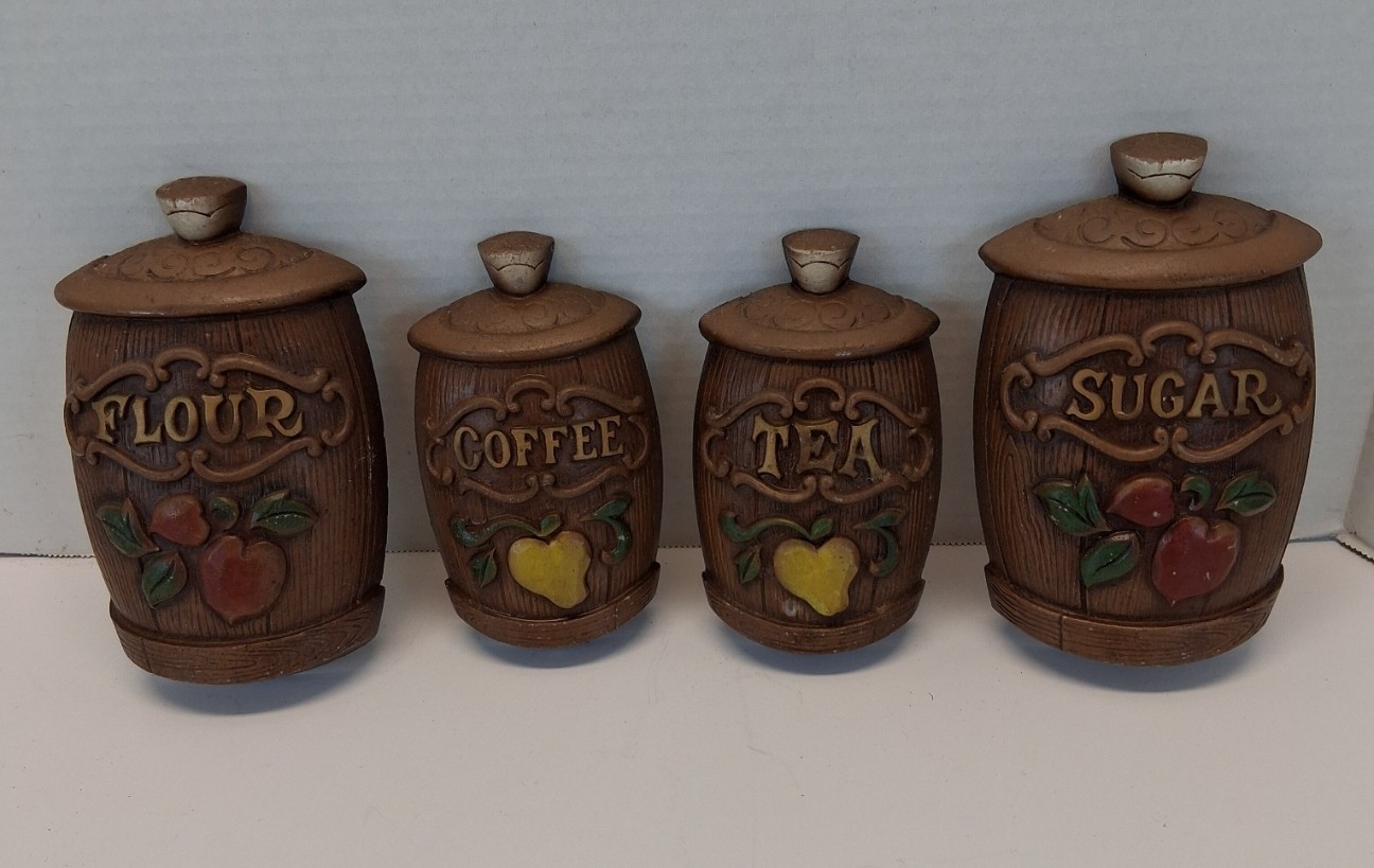 Sexton USA 1967 #1509 Flour Coffee Tea Sugar Ceramic Kitchen Wall Plaques 4pc