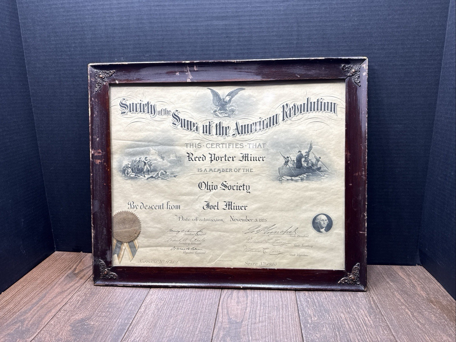 RARE Antique Sons of the American Revolution Framed Certificate 1925 RARE Antique Sons of the American Revolution Framed Certificate 1925