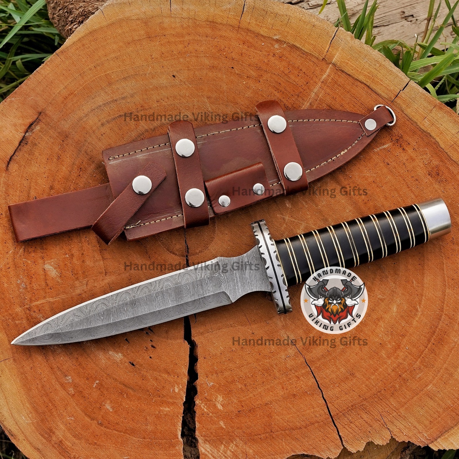 Custom Handmade Damascus Steel Dagger Knife Full Tang Blade With Leather Sheath.