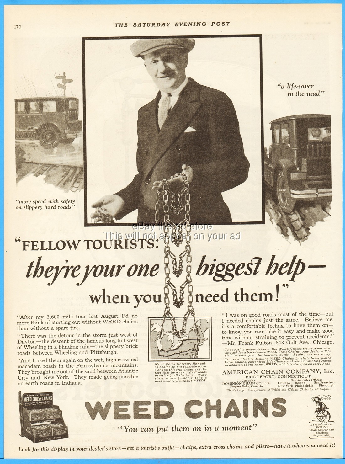 1925 American Chain Co Bridgeport CT Weed Tire Chains Frank Fulton Chicago IL Ad
