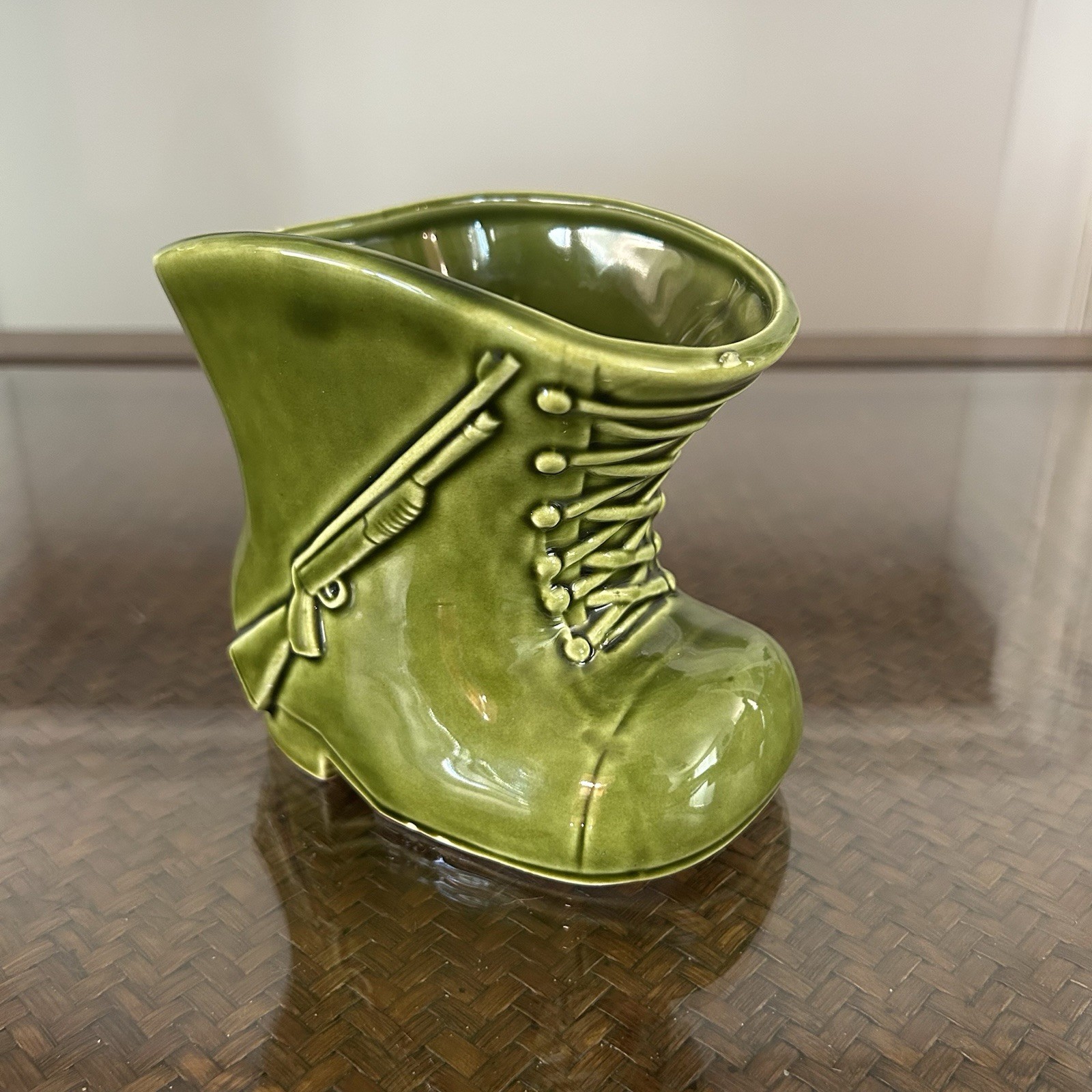 Vintage Green Ceramic Boot Planter By Relpo Embossed Rifle Country Hunting