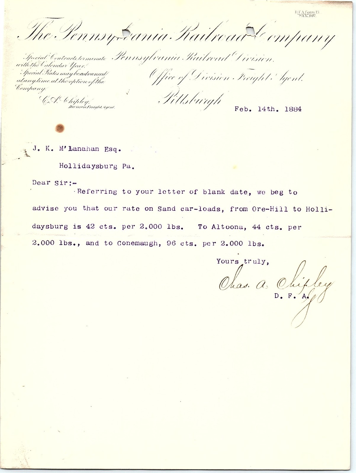 1884 Pennsylvania Railroad Pittsburgh Freight Rate Letter