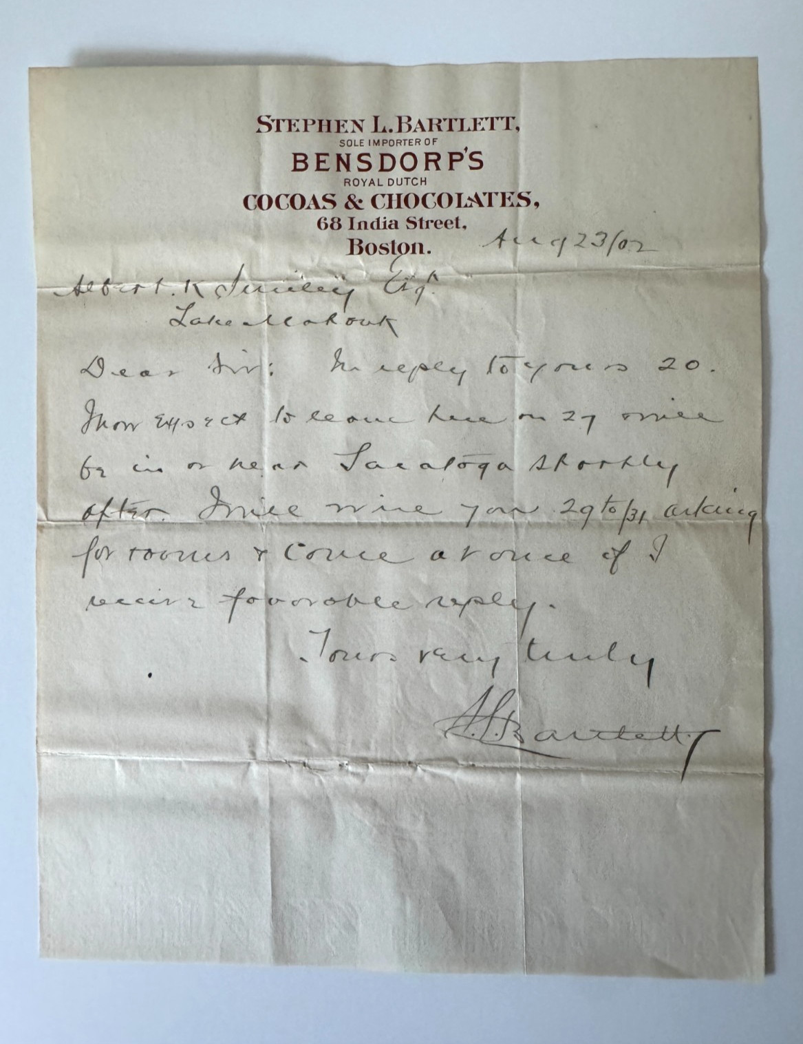 Vtg 1902 Letterhead Boston MA Stephen L Bartlett India St Bensdorp's Chocolates