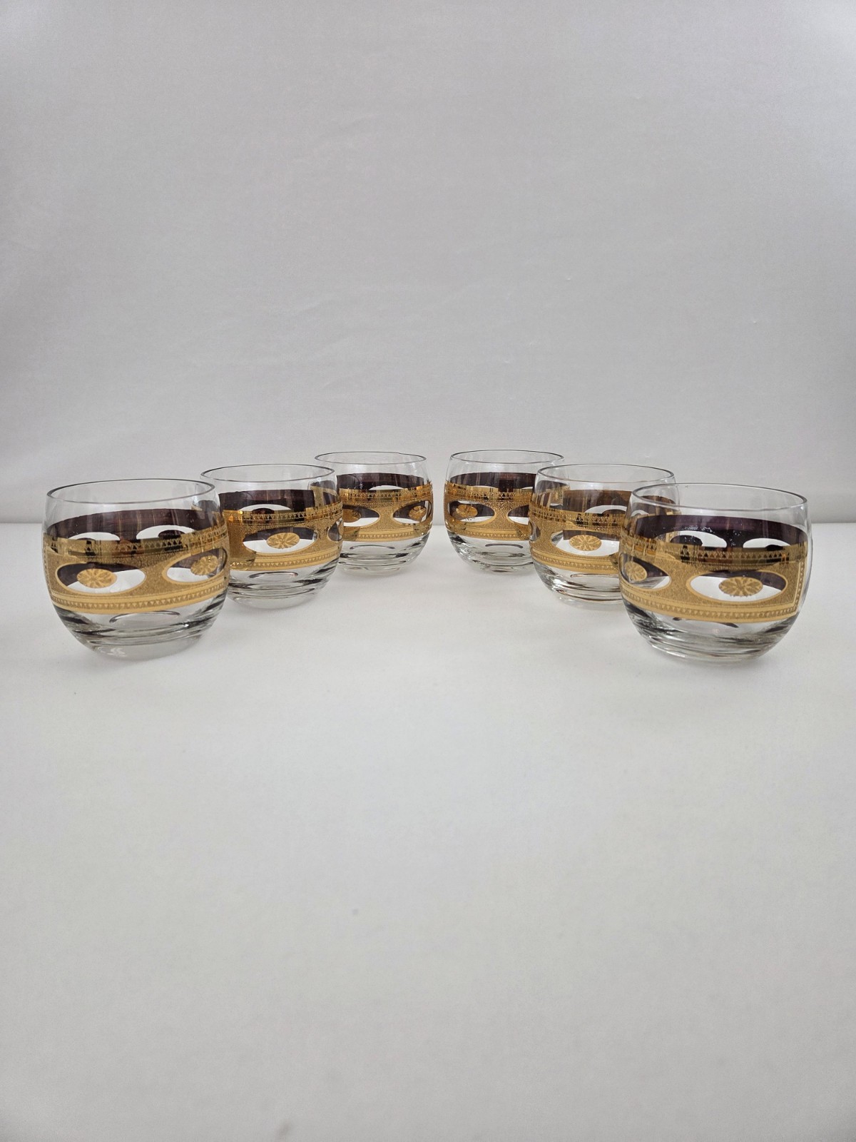 CULVER MCM - WHITE IMPERIAL - GOLD SCROLL ROLY POLY HIGHBALL GLASS - SET OF 6
