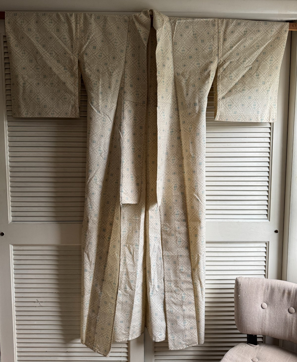 Vintage Japanese Custom Made Linen Ikat Kasuri Kimono, Unworn, 64