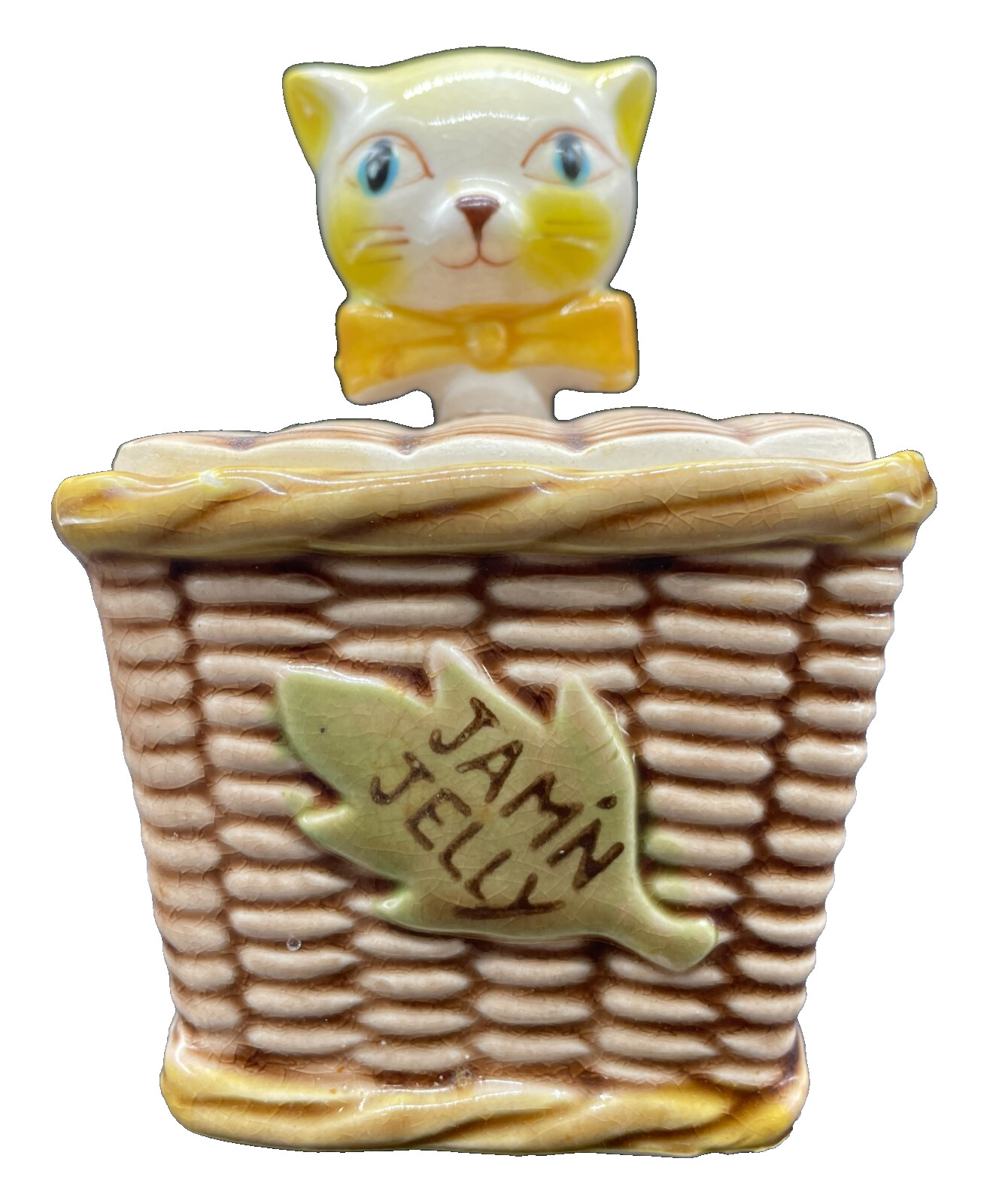 Vintage Tilso Jamin Jelly Jar Ceramic Cat In Wicker Basket - Made in Japan Vintage Tilso Jamin Jelly Jar Ceramic Cat In Wicker Basket - Made in Japan