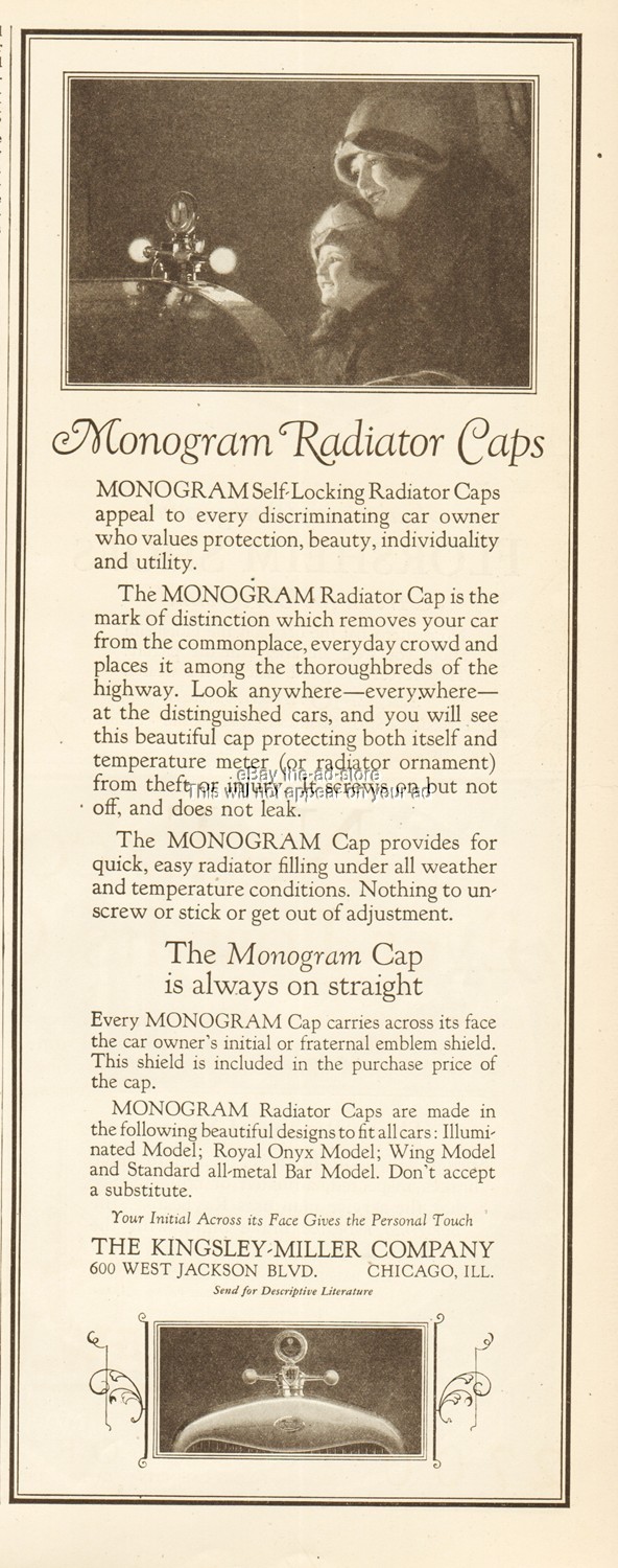 1927 Monogram Automobile Radiator Cap Kingsley Miller Co Chicago IL 1920s Car Ad