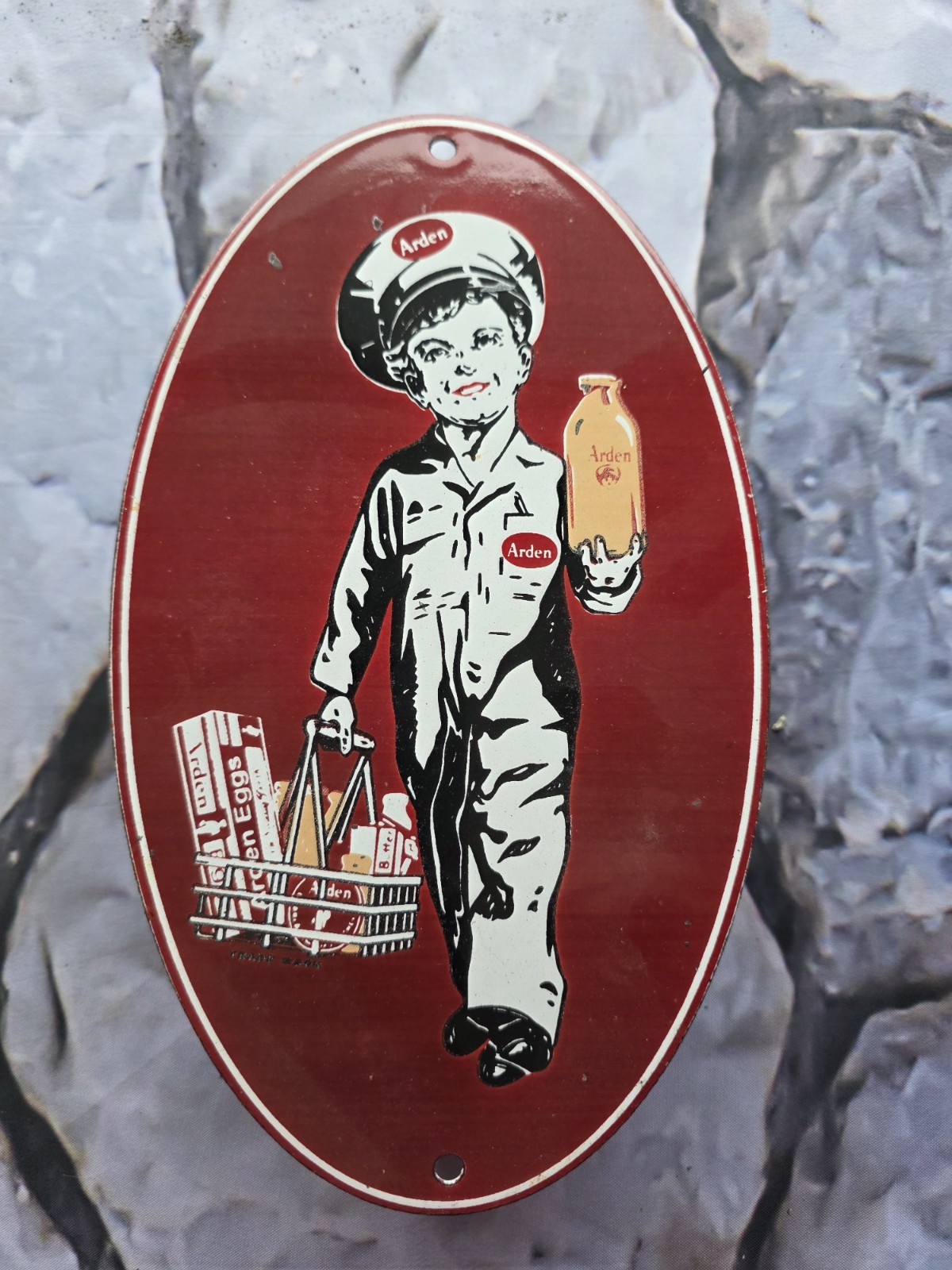 VINTAGE ARDEN MILK BOY PORCELAIN SIGN 10\ VINTAGE ARDEN MILK BOY PORCELAIN SIGN 10\