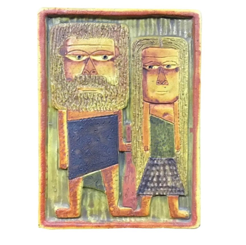 Marcello Fantoni Ceramic Wall Plaque Caveman and Woman Marcello Fantoni Ceramic Wall Plaque Caveman and Woman