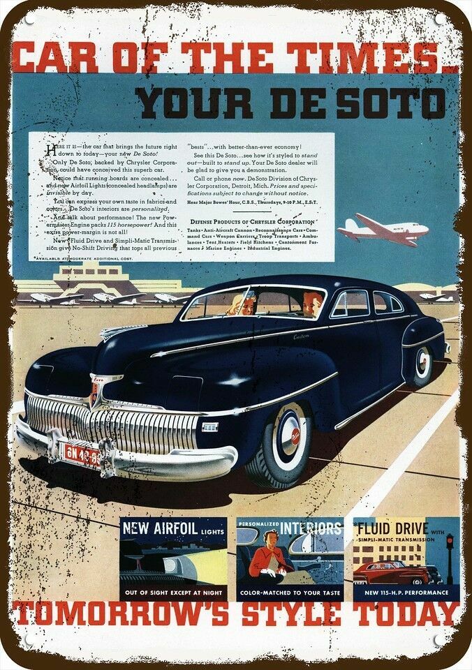 1942 DESOTO Custom Car at Airport Vintage-Look DECORATIVE REPLICA METAL SIGN 1942 DESOTO Custom Car at Airport Vintage-Look DECORATIVE REPLICA METAL SIGN
