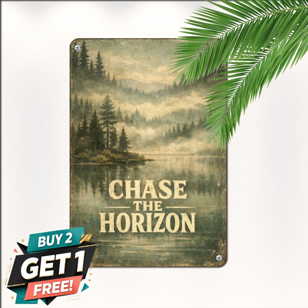 Misty Mountain Lake Horizon Quote Tin Sign Scenic Wilderness Metal Plaque