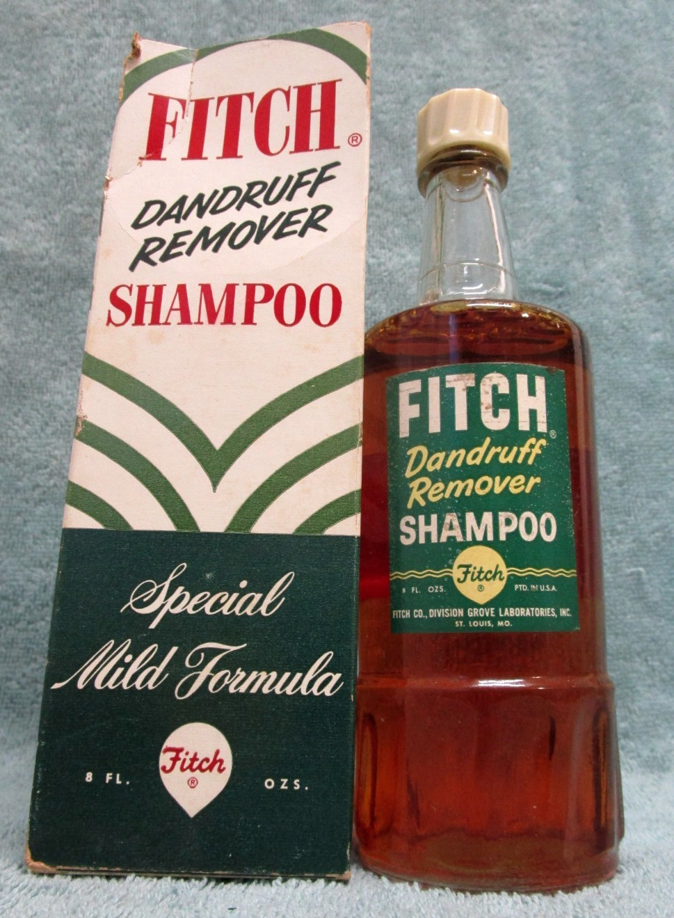 VINTAGE 1950\'s NOS FITCH DANDRUFF LIQUID SHAMPOO 8 OZ GLASS BOTTLE ST. LOUIS MO.