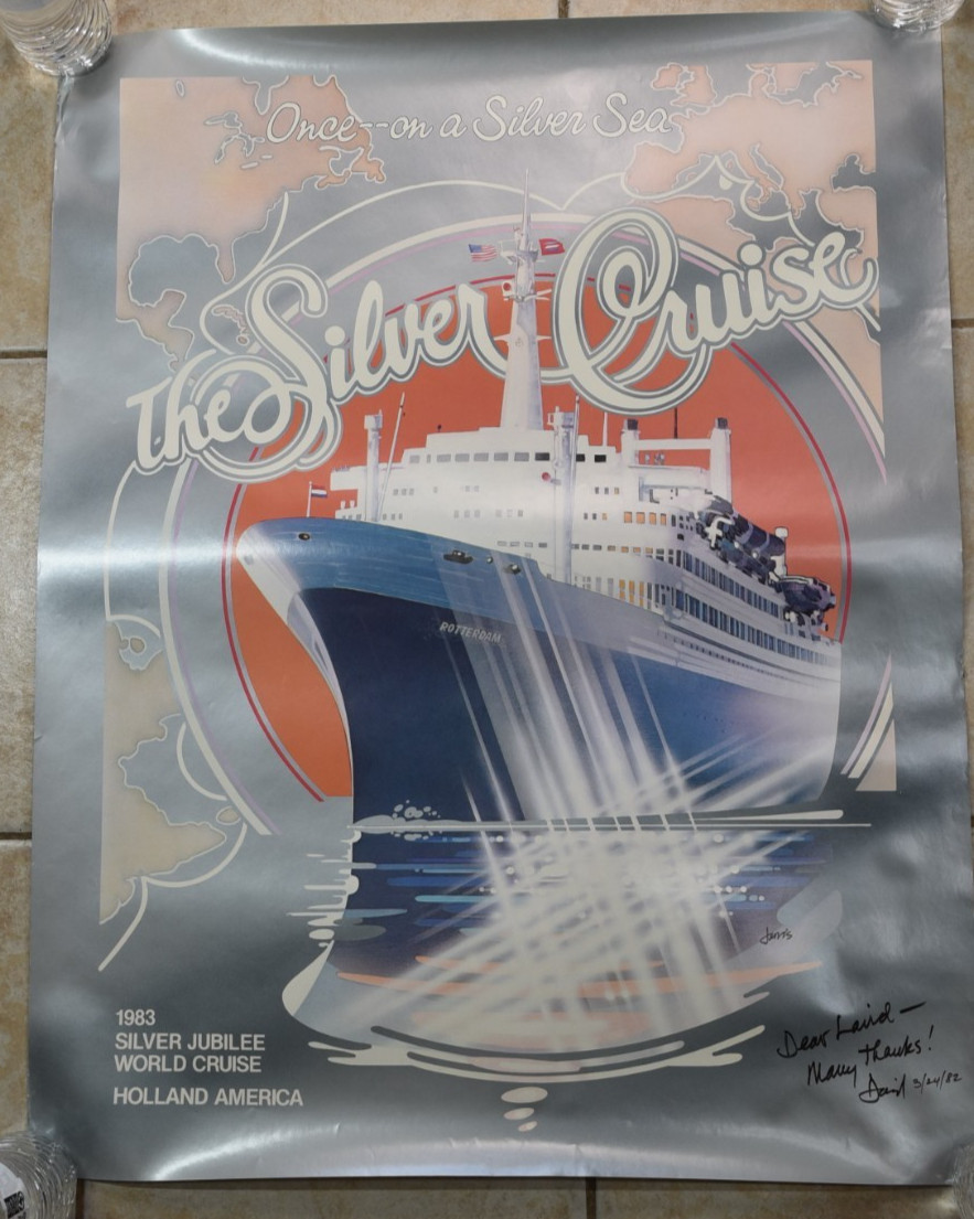 Vintage Holland America Silver Jubilee World Cruise Art Poster 80s Signed Jarvis