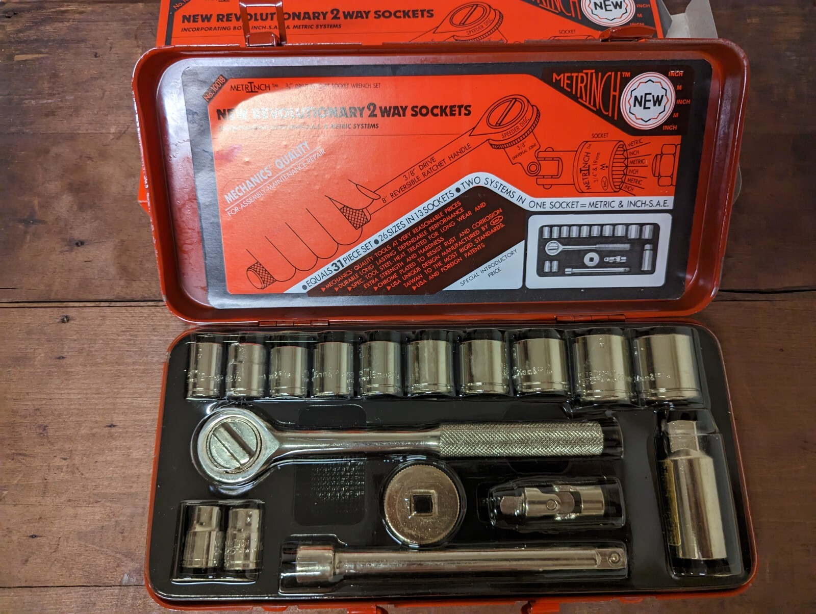 Vintage 1980s BMC Taiwan Metrinch Socket Ratchet Set 3/8 SAE  Metric RETRO 12 pt
