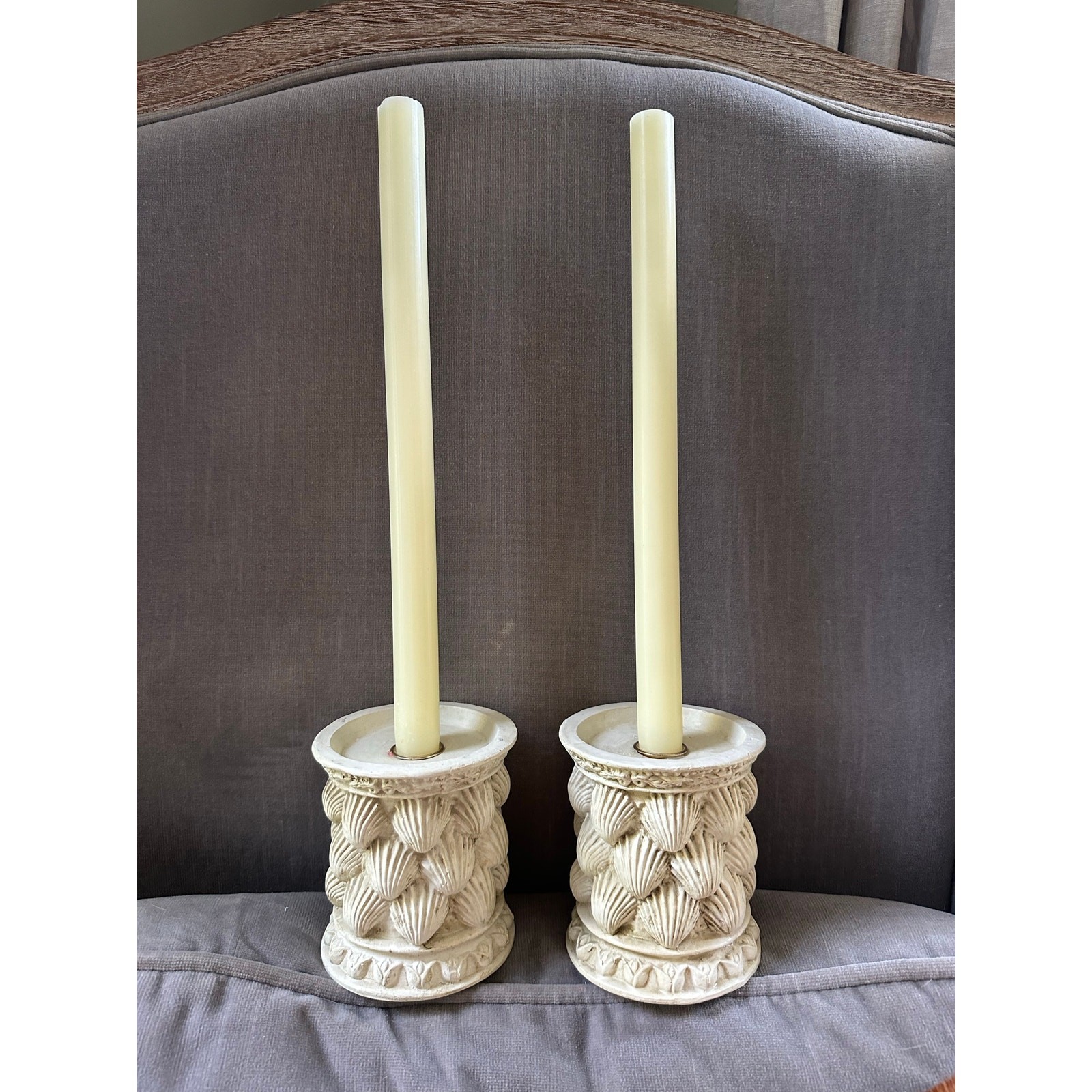 Vintage candle holders seashell scallop shells Hollywood regency ivory set pair