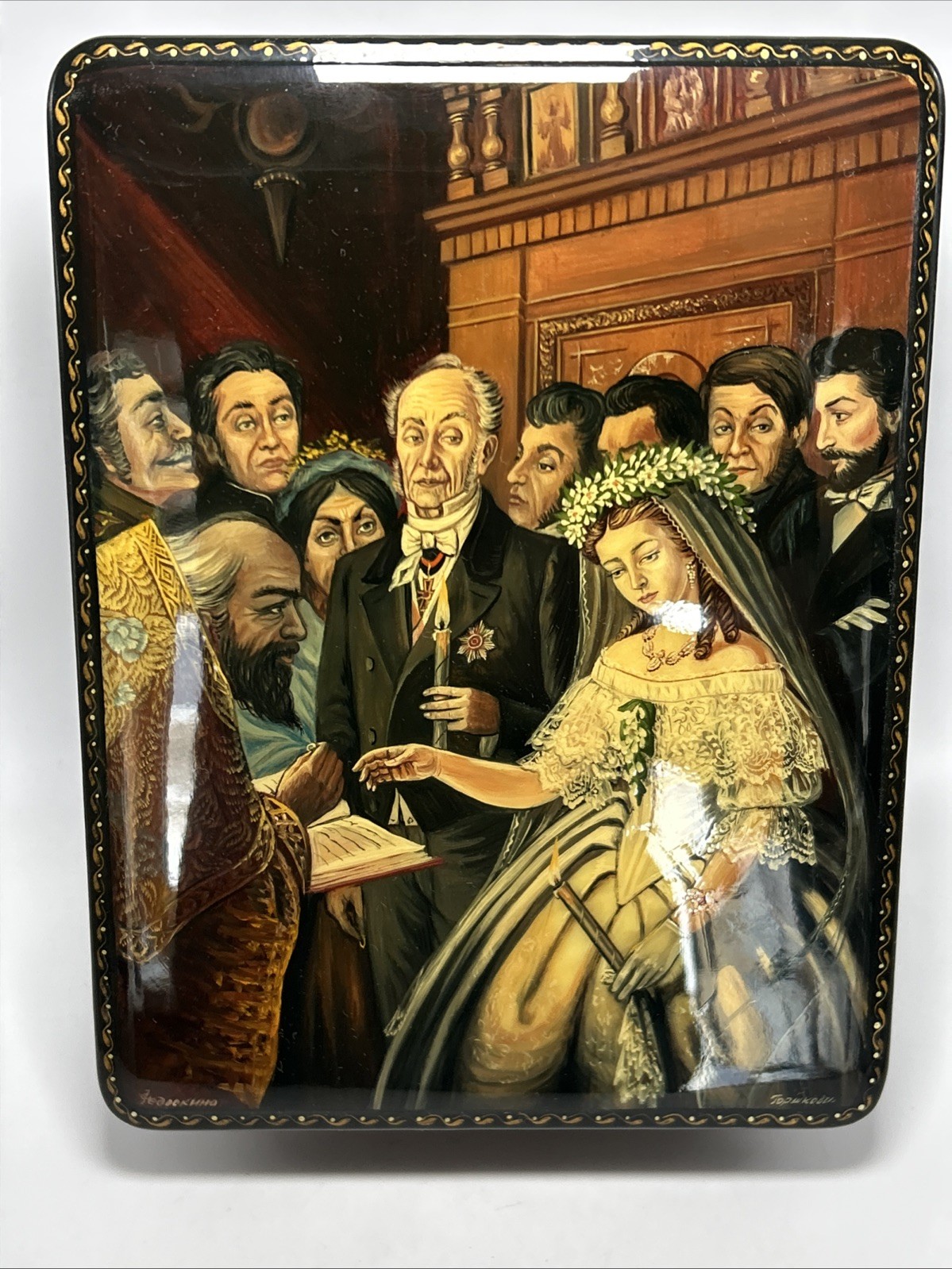 Russian Hand Painted Lacquer Box The Unequal Marriage Hand Painted