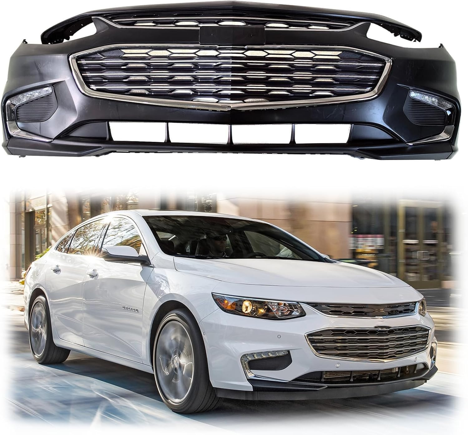 Front Bumper Fit for Chevy Malibu 2016-2018, Complete Front Bumper W/Valance Gri Front Bumper Fit for Chevy Malibu 2016-2018, Complete Front Bumper W/Valance Gri