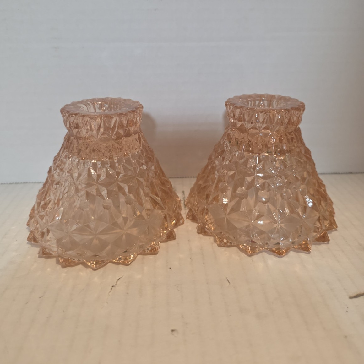 2 VTG Jeannette Glass Co. Holiday Pink Diamond Candlesticks 1930\'s