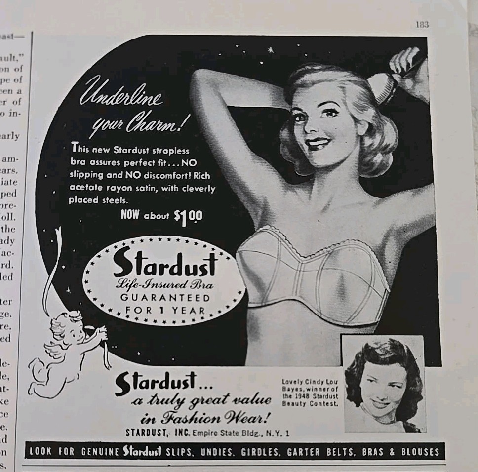 1949 Womens Stardust Bra Cindy Lou Bayes Walter Thornton Pin-up Vintage ad 