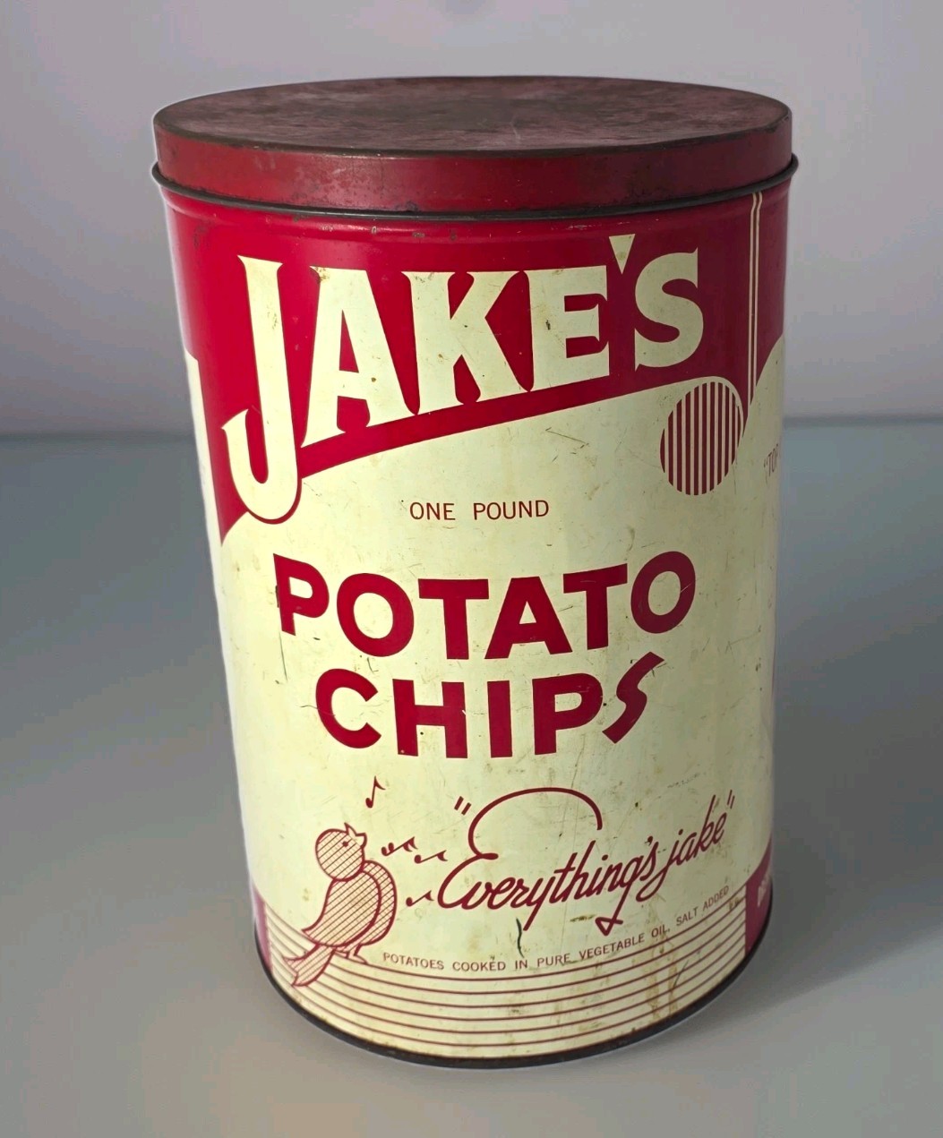 Vintage 1930s Jake\'s Potato Chips 1 Lb Tin Drennon Atlanta GA Advertising w/ Lid