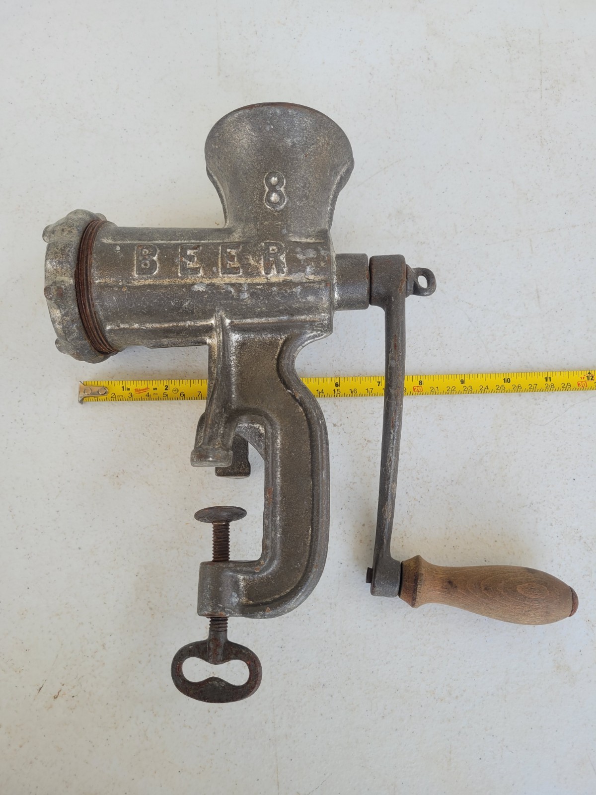 Antique BONA BEER No 8 Cast Iron Meat Grinder Hand Crank Clamp On German
