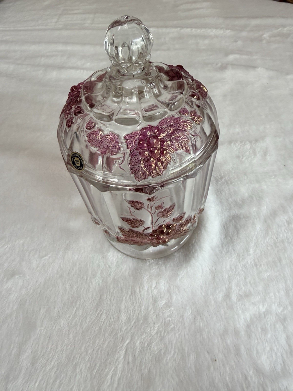 Vintage Westmoreland Glass Pink & Gold Grape Cluster Clear Lidded Candy Dish Vintage Westmoreland Glass Pink & Gold Grape Cluster Clear Lidded Candy Dish