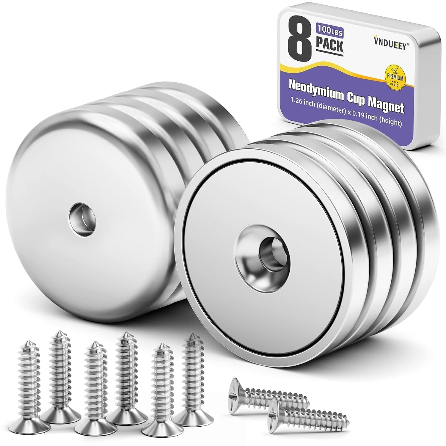 8 Pack 100 LBS Strong Neodymium Cup Magnets with Holes and Screws 8 Pack 100 LBS Strong Neodymium Cup Magnets with Holes and Screws