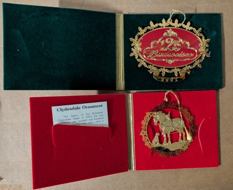 2 Vintage Budweiser Christmas Ornaments 125th Ann and Clydesdale in  Velvet Case
