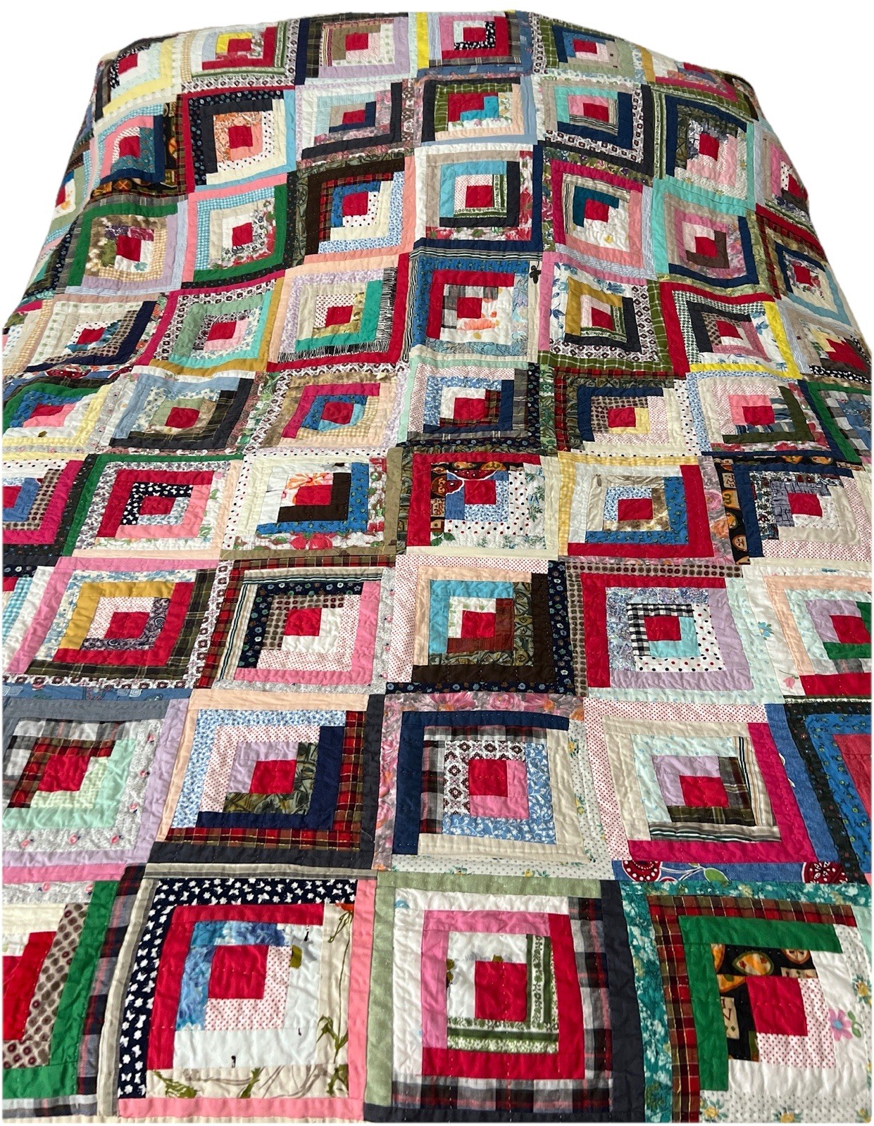Vintage Handmade Straight Log Cabin Quilt 79” X 70” Heavy Quilt