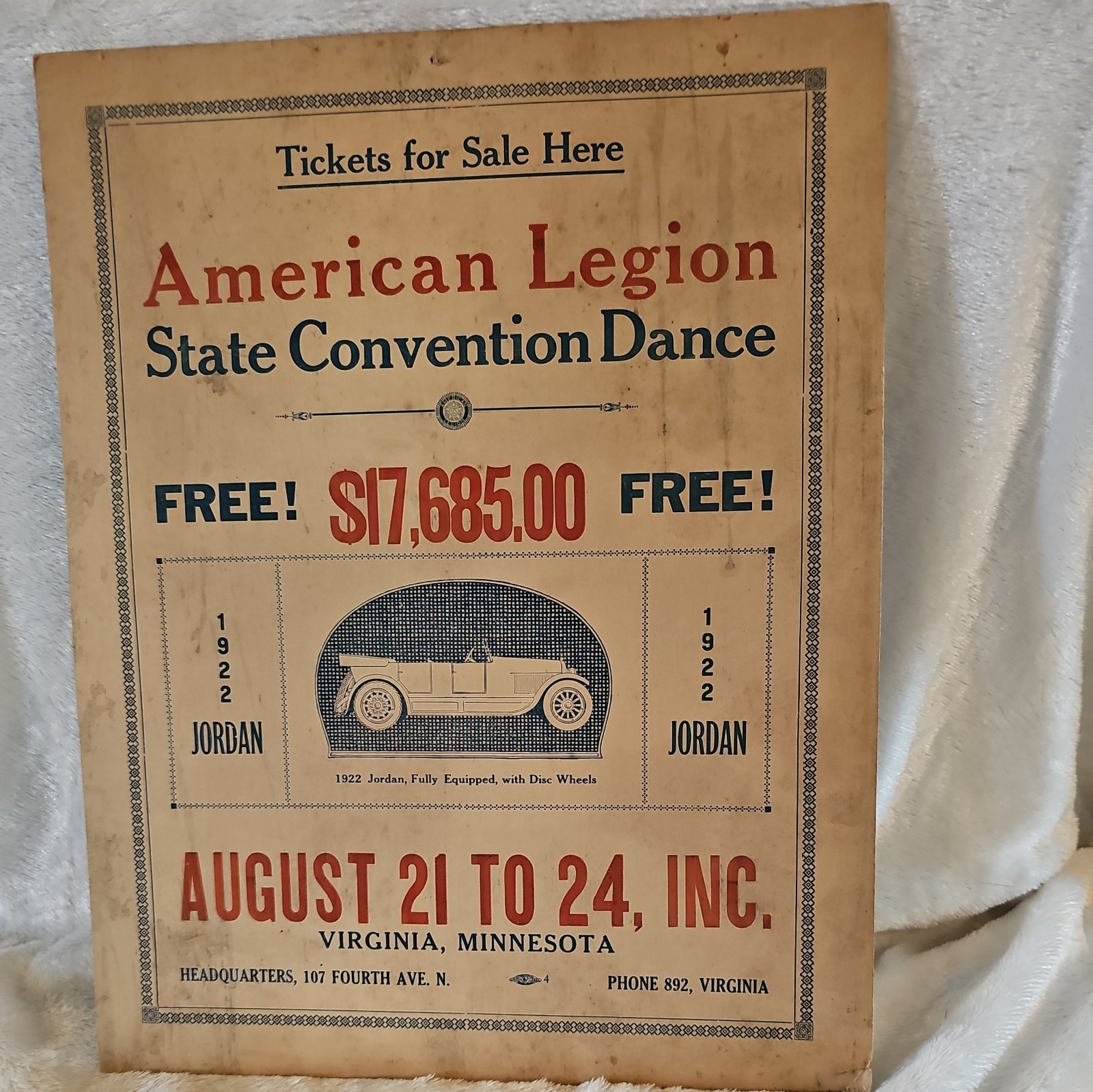 Vtg 1922 Am Legion Poster Virginia MN Jordon Auto Drawing Advertisement