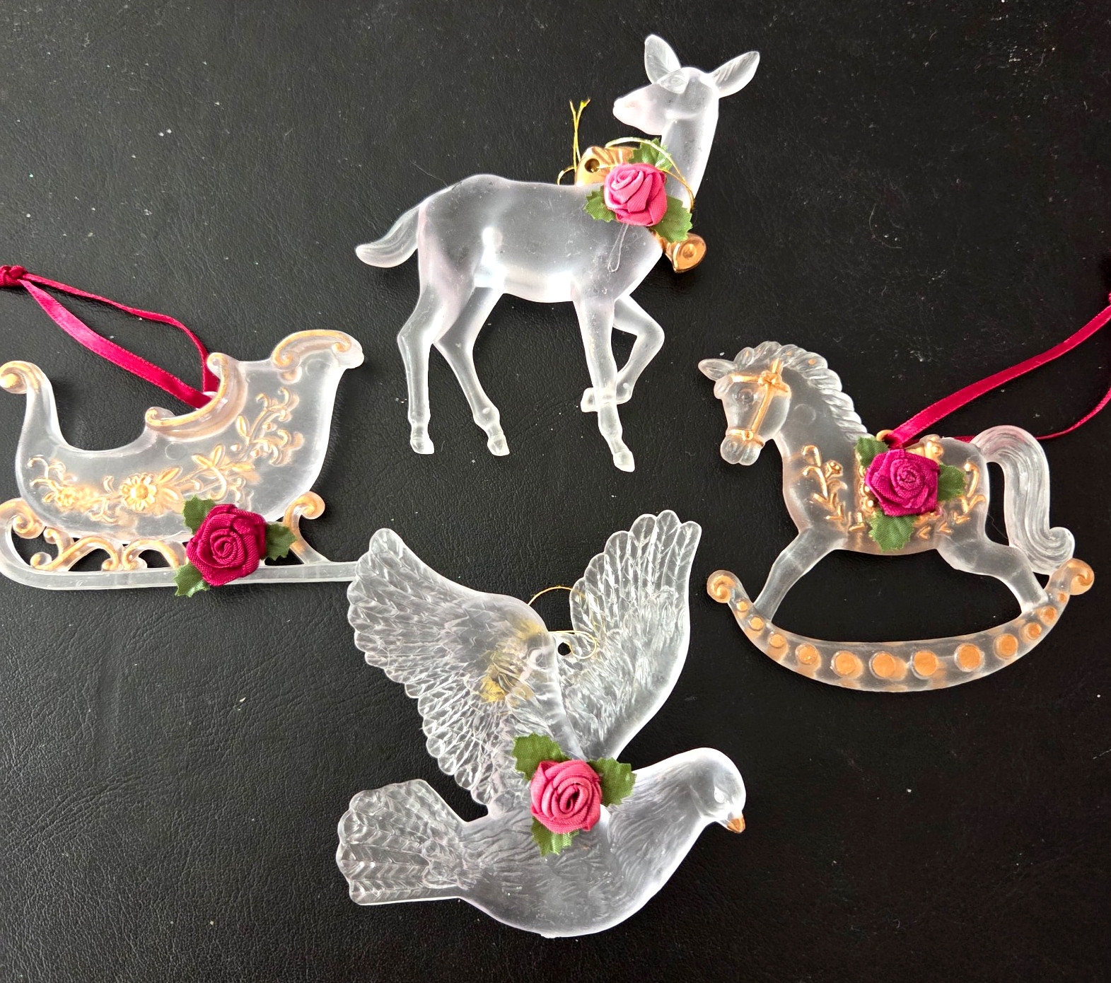 Set of 4 Vtg Victorian Christmas Ornaments Frosted Acrylic Deer Horse Dove Sled Set of 4 Vtg Victorian Christmas Ornaments Frosted Acrylic Deer Horse Dove Sled
