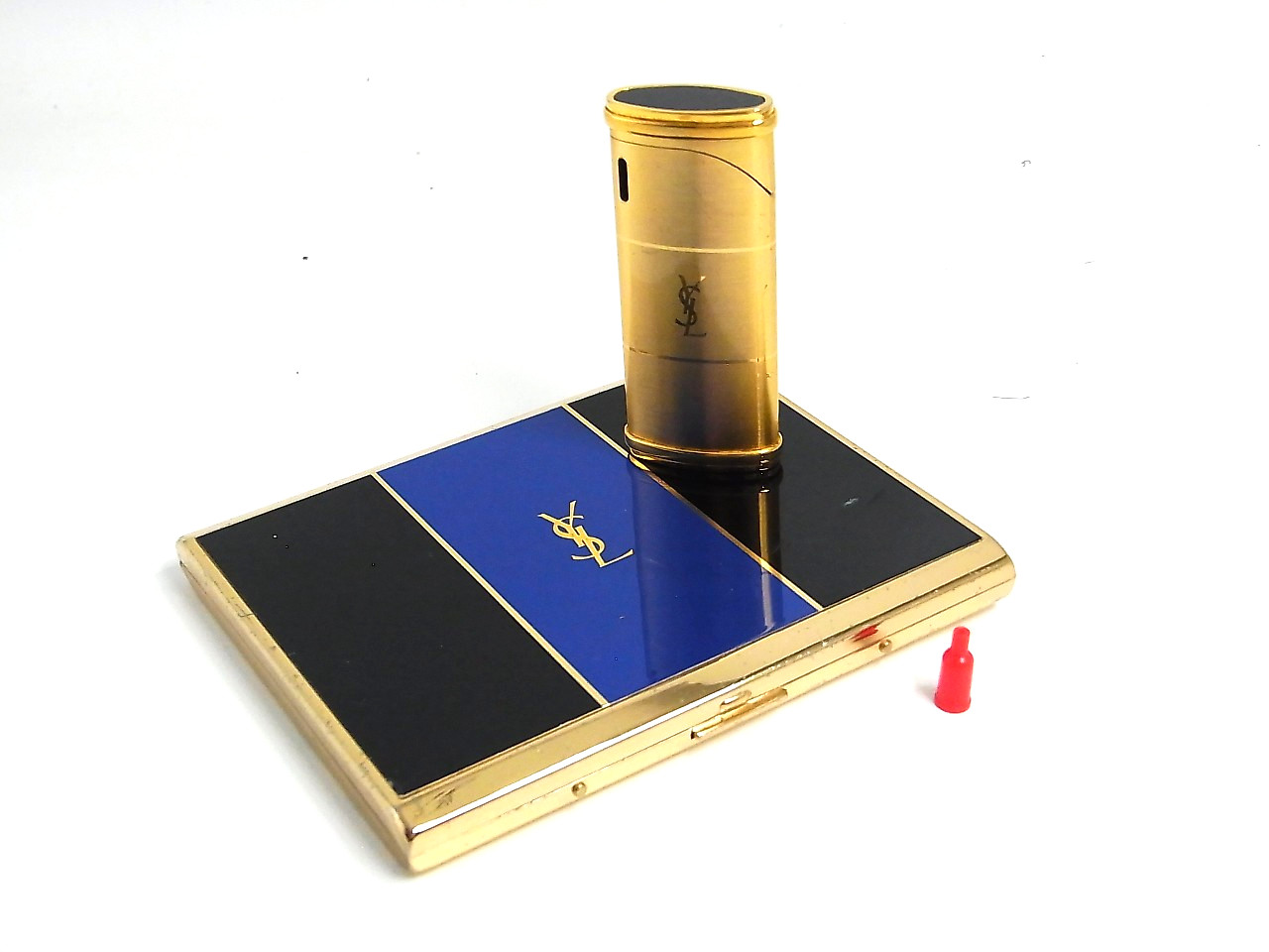Working Yves Saint Laurent YSL Gas Lighter Gold & Blue Black Cigarette Case Set