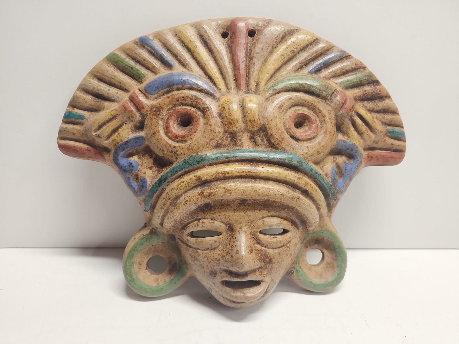 Mexican Terracotta Clay Mask Aztec Mayan Tribal Folk Art Wall Hanging Vintage 