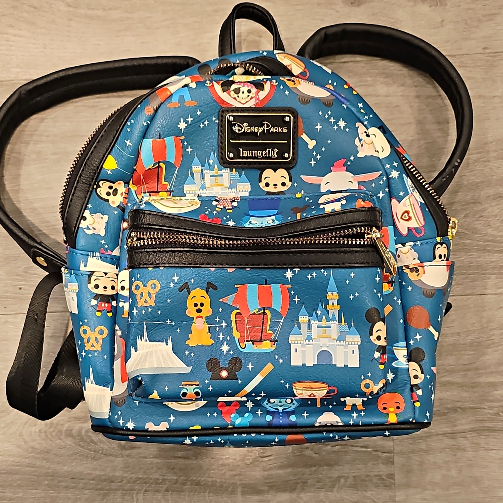 Loungefly Disney Parks Allover Character Print Blue & Black Mini Backpack