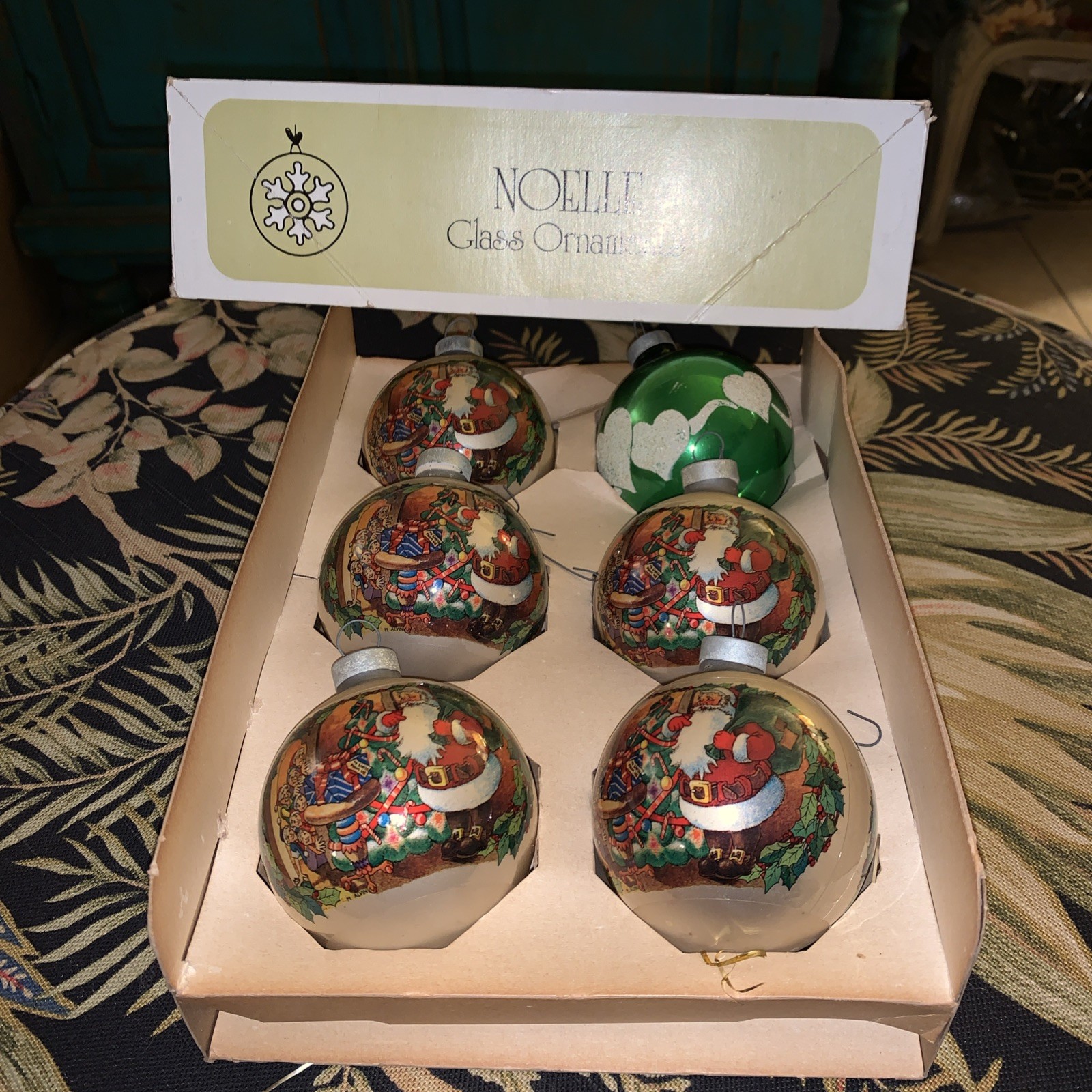 Vintage Noelle Glass Christmas Ornaments Santa Clause & Green 6 Pc with BOX