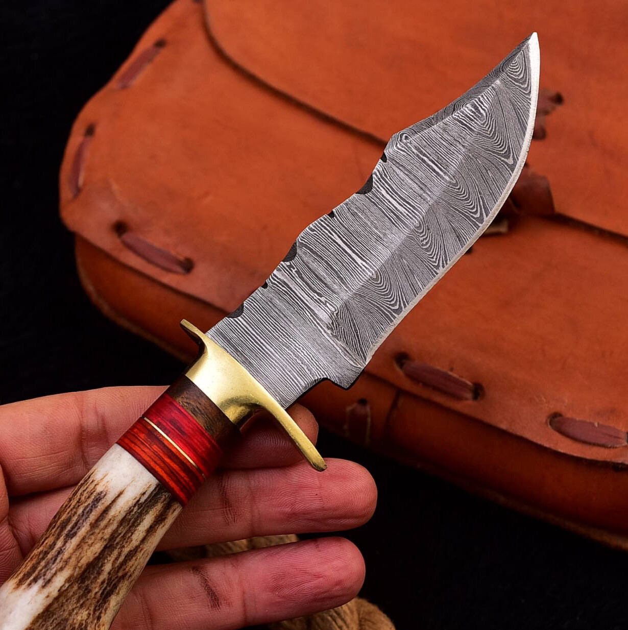 Vintage handmade Damascus Steel Fixed Blade Hunting Knife stag antler handle