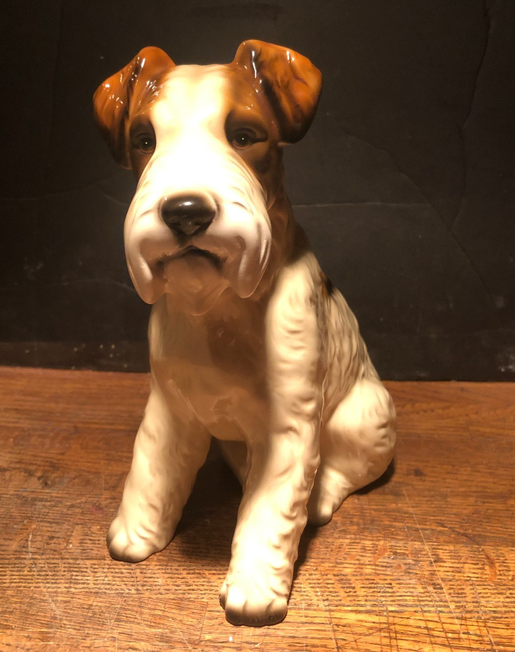 ANTIQUE CERAMIC  WHITE & BROWN WIRE FOX TERRIER  FIGURINE 9 1/2''  TALL  , MINT