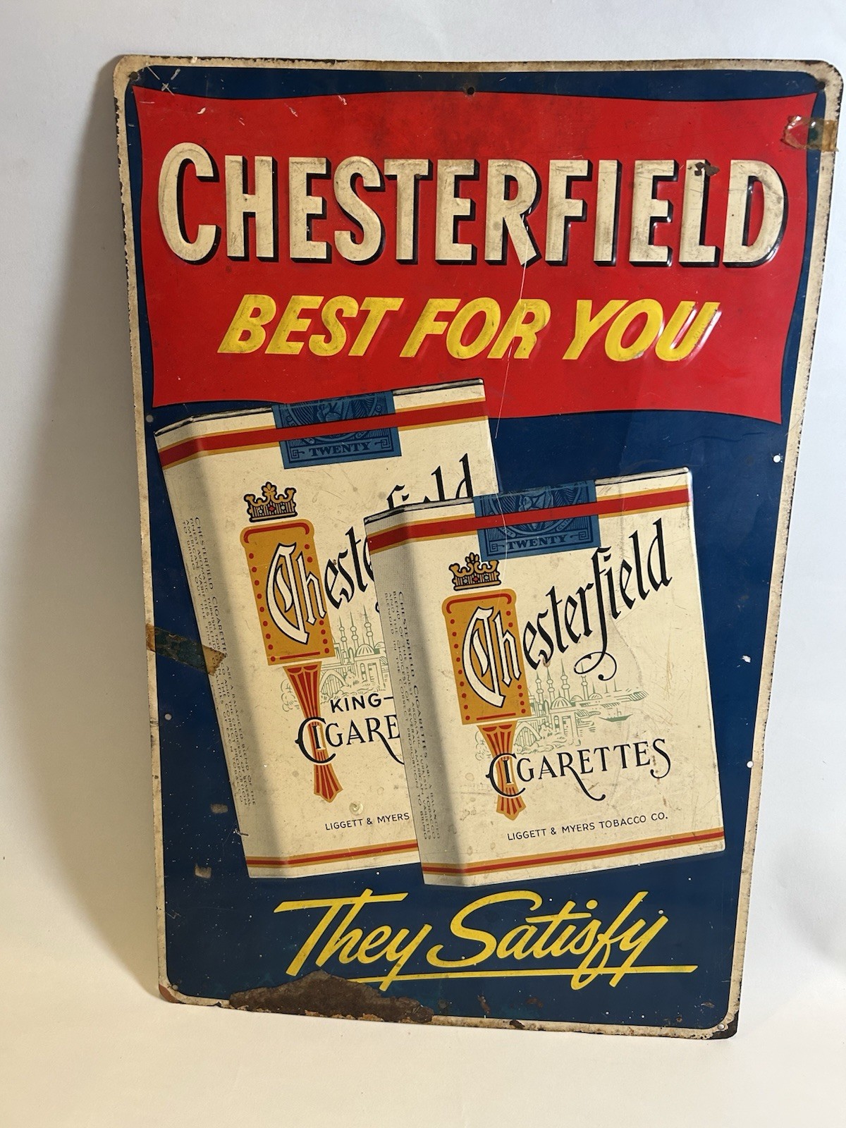 Antique Sign Chesterfield Cigarettes 1950s Metal Tobacco Sign 1950\'s Embossed Antique Sign Chesterfield Cigarettes 1950s Metal Tobacco Sign 1950\'s Embossed