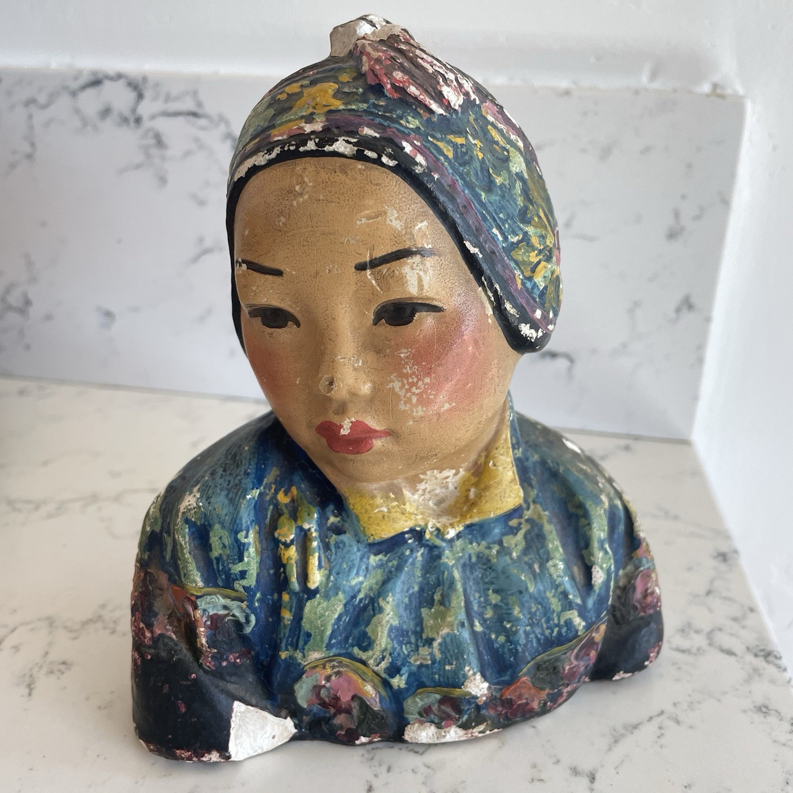 Vintage Antique 30s Asian Chalkware Bust Esther Hunt Rare Original Paint *READ