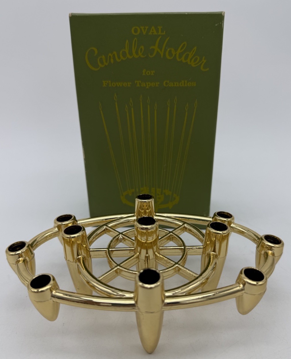 Vtg MCM Oval Candle Holder Taper Candles Gold Tone 1960s Atomic Mid Century