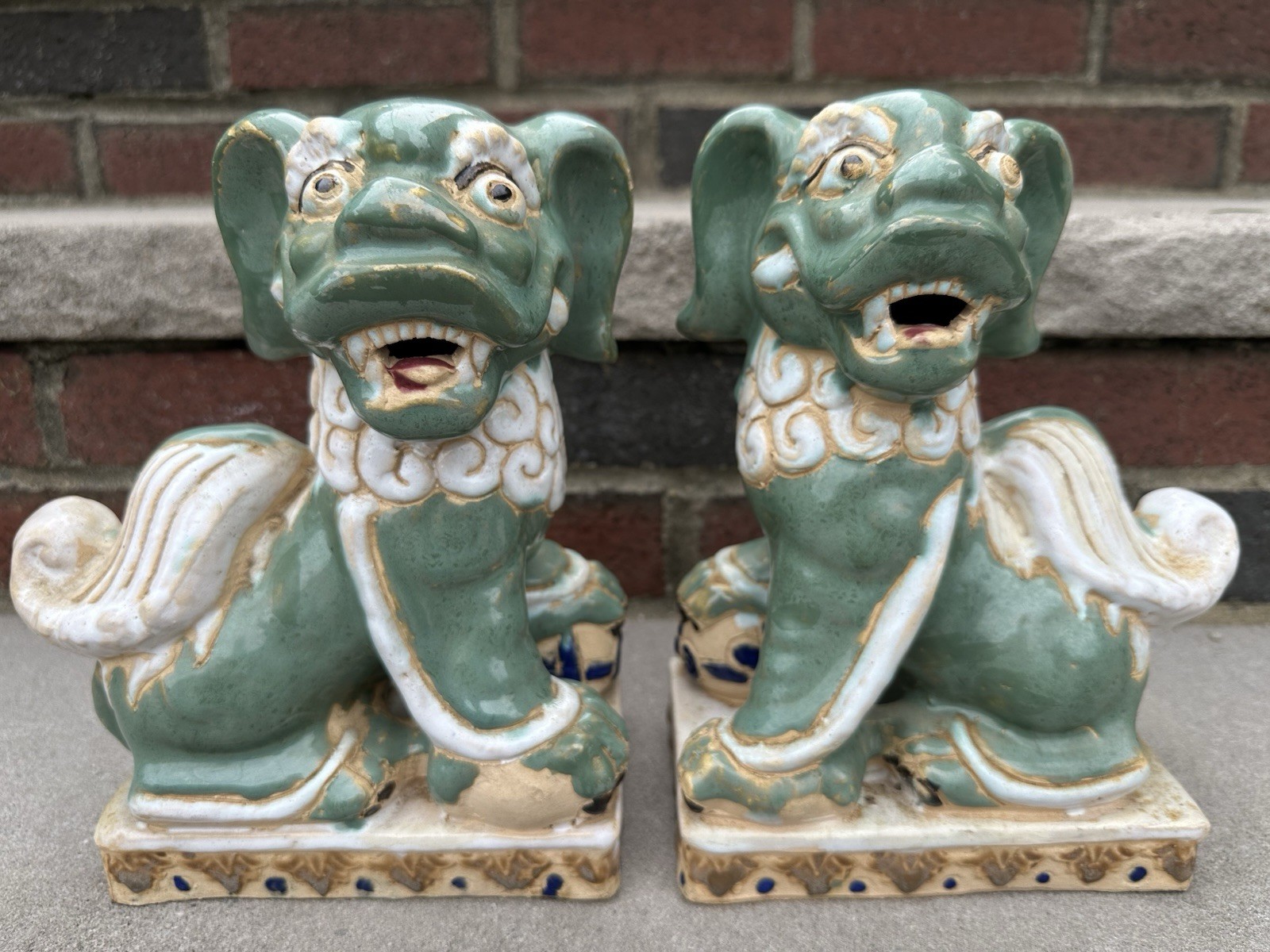 Antique Large Ceramic Foo Dog Green 9” Tall Chinese Culture Asian