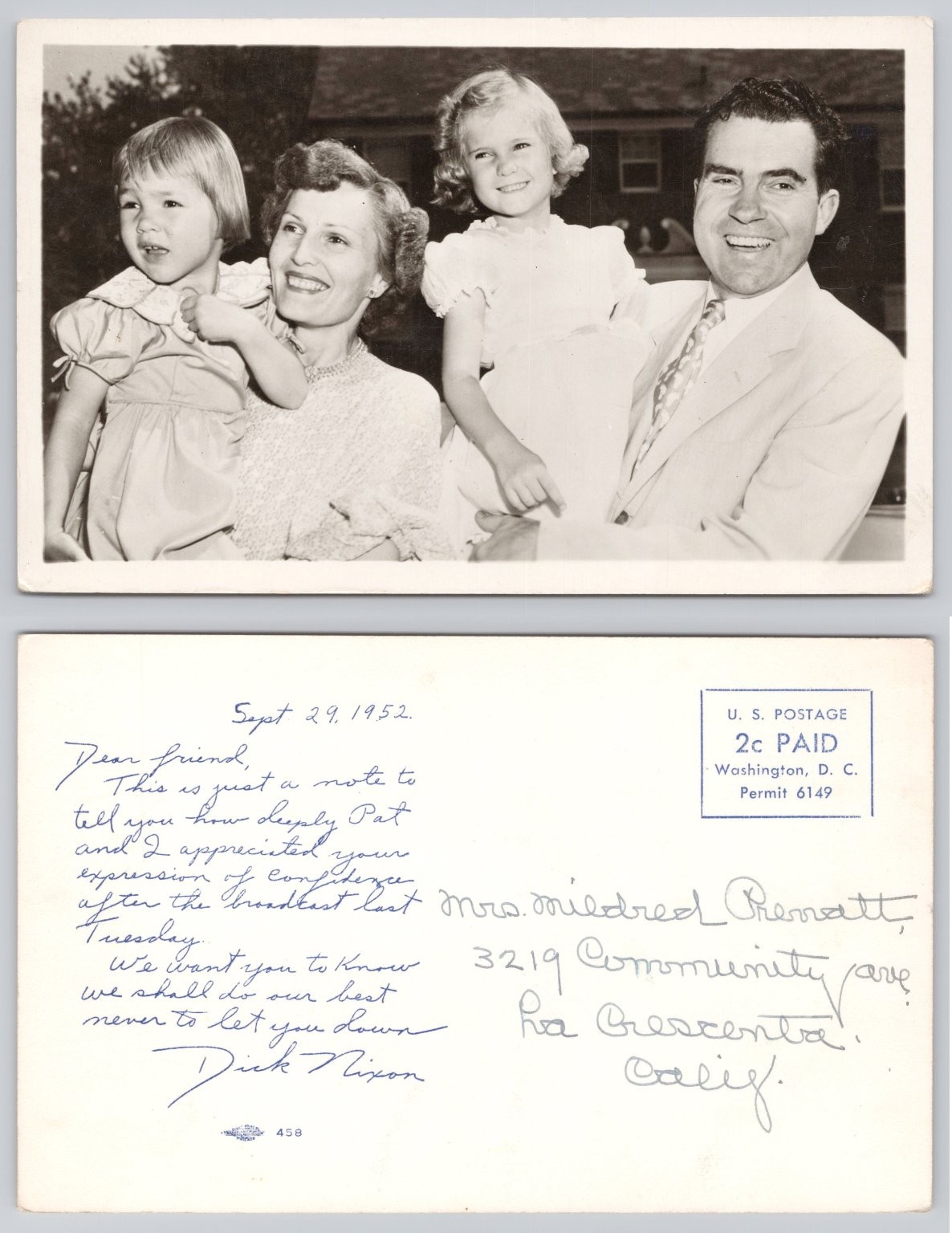 1952 Richard Nixon Printed Note Signature Family RPPC Postcard Pat Tricia Julie