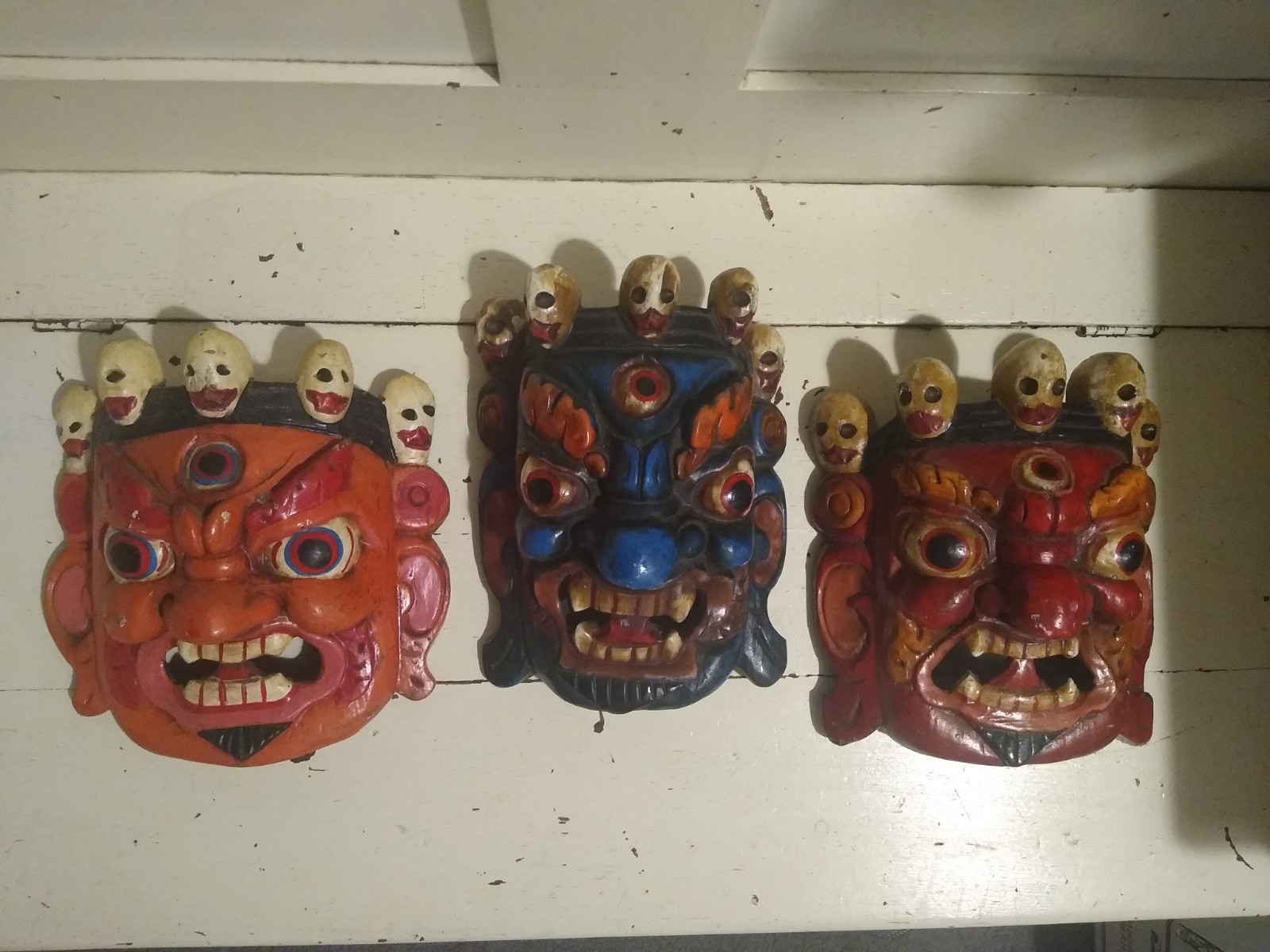 Set of 3 Hand-Carved Nepalese Bhairab Mahakala Wooden Masks – Himalayan Wall Art Set of 3 Hand-Carved Nepalese Bhairab Mahakala Wooden Masks – Himalayan Wall Art